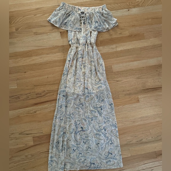 American rag off shoulder peasant blue cream paisley long lined dress sz XS NWT - Picture 4 of 12